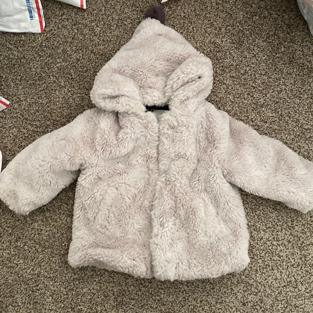Zara girls grey taupe faux fur coat jacket 12-18 months hooded